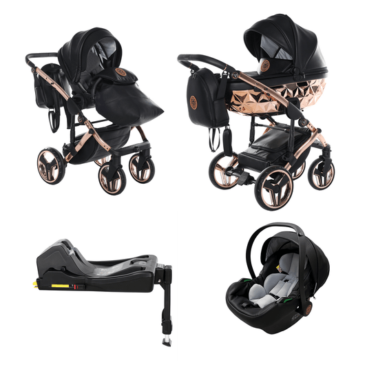 Junama Handcraft Diamond Pram With Isofix Base – 4 in 1 Luxury Black & Rose Gold Travel System Junama