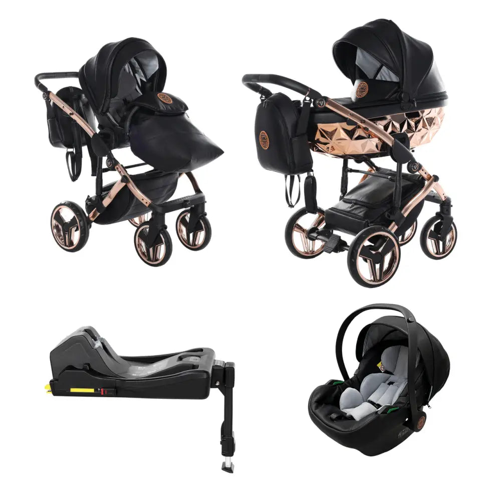 Junama Handcraft Diamond Pram With Isofix Base – 4 in 1 Luxury Black & Rose Gold Travel System Junama
