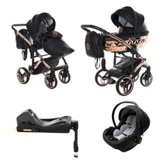 Junama Handcraft Diamond Pram With Isofix Base – 4 in 1 Luxury Black & Rose Gold Travel System