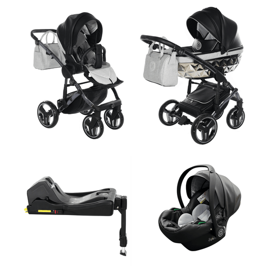 Junama Junama Handcraft Diamond Pram With Isofix Base – 4 in 1 Luxury Glitter Black Travel System