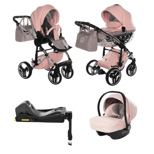 Junama Handcraft Diamond Pram with Isofix Base – 4 in 1 Luxury Glitter Pink Travel System Junama