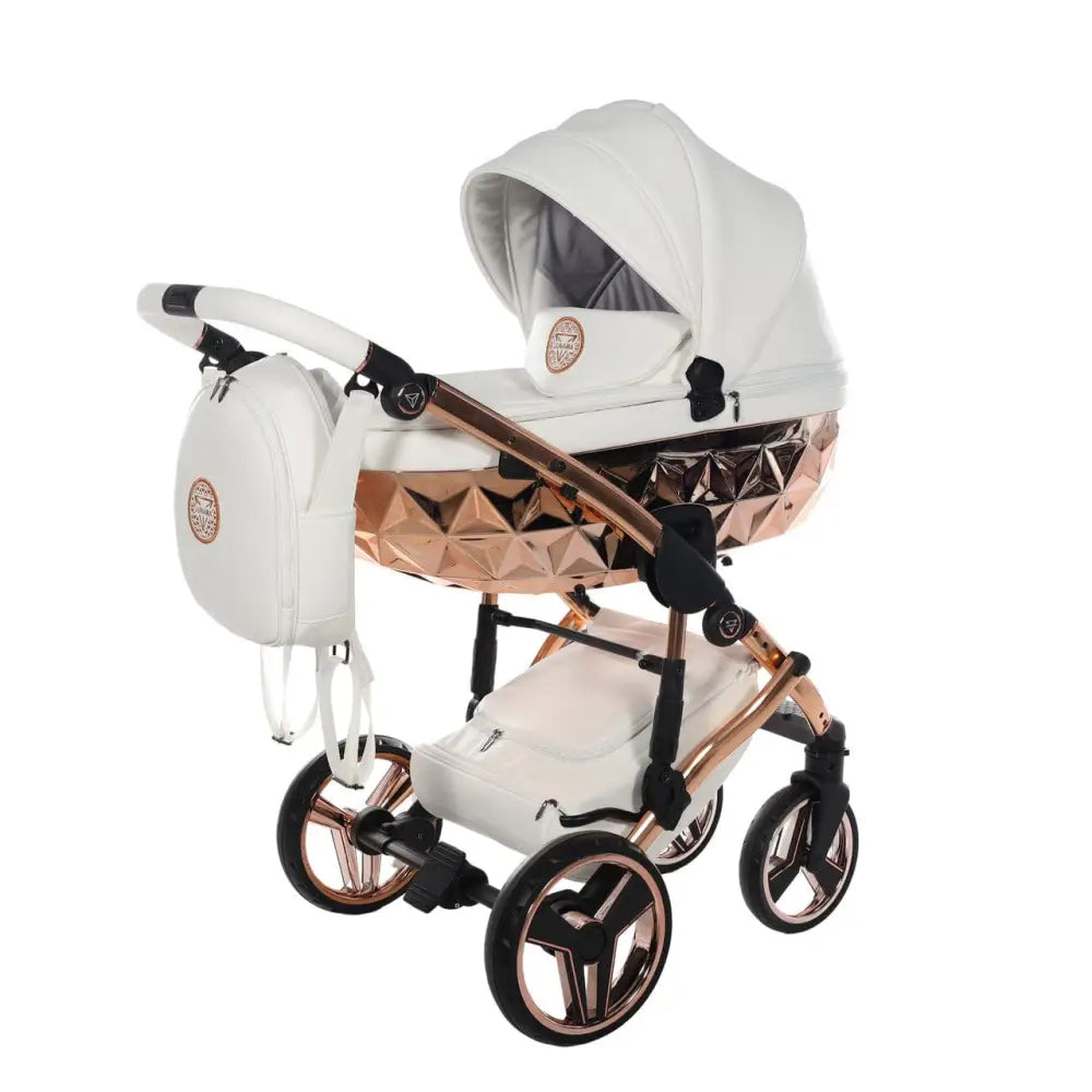 Junama Handcraft Diamond Pram With Isofix Base – 4 in 1 Luxury White & Rose Gold Travel System Junama
