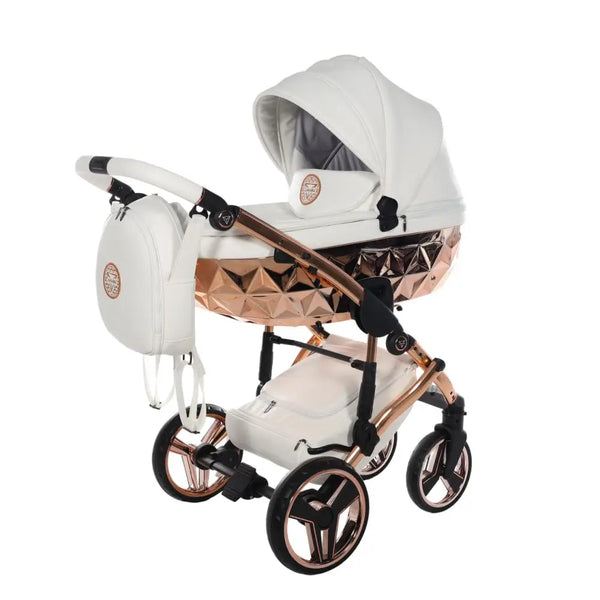 Junama Handcraft Diamond Pram With Isofix Base – 4 in 1 Luxury White & Rose Gold Travel System Junama