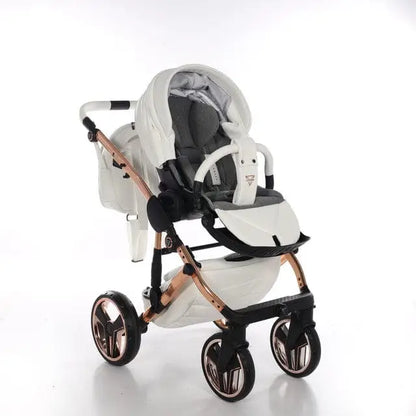Junama Handcraft Diamond Pram With Isofix Base – 4 in 1 Luxury White & Rose Gold Travel System Junama