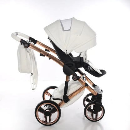 Junama Handcraft Diamond Pram With Isofix Base – 4 in 1 Luxury White & Rose Gold Travel System Junama