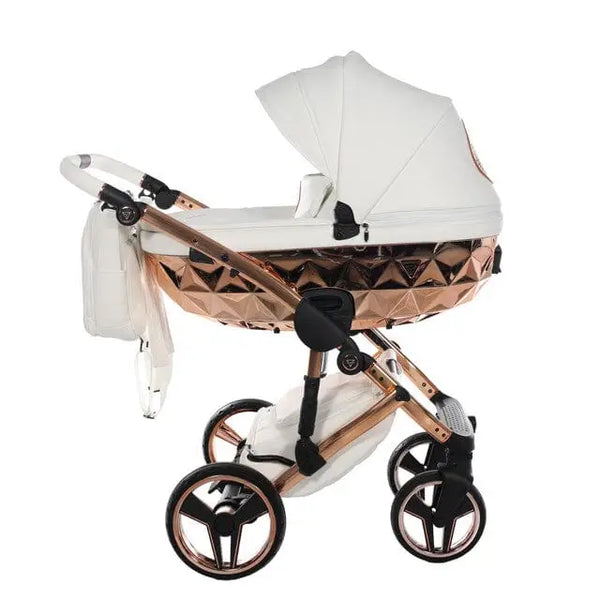 Junama Handcraft Diamond Pram With Isofix Base – 4 in 1 Luxury White & Rose Gold Travel System Junama