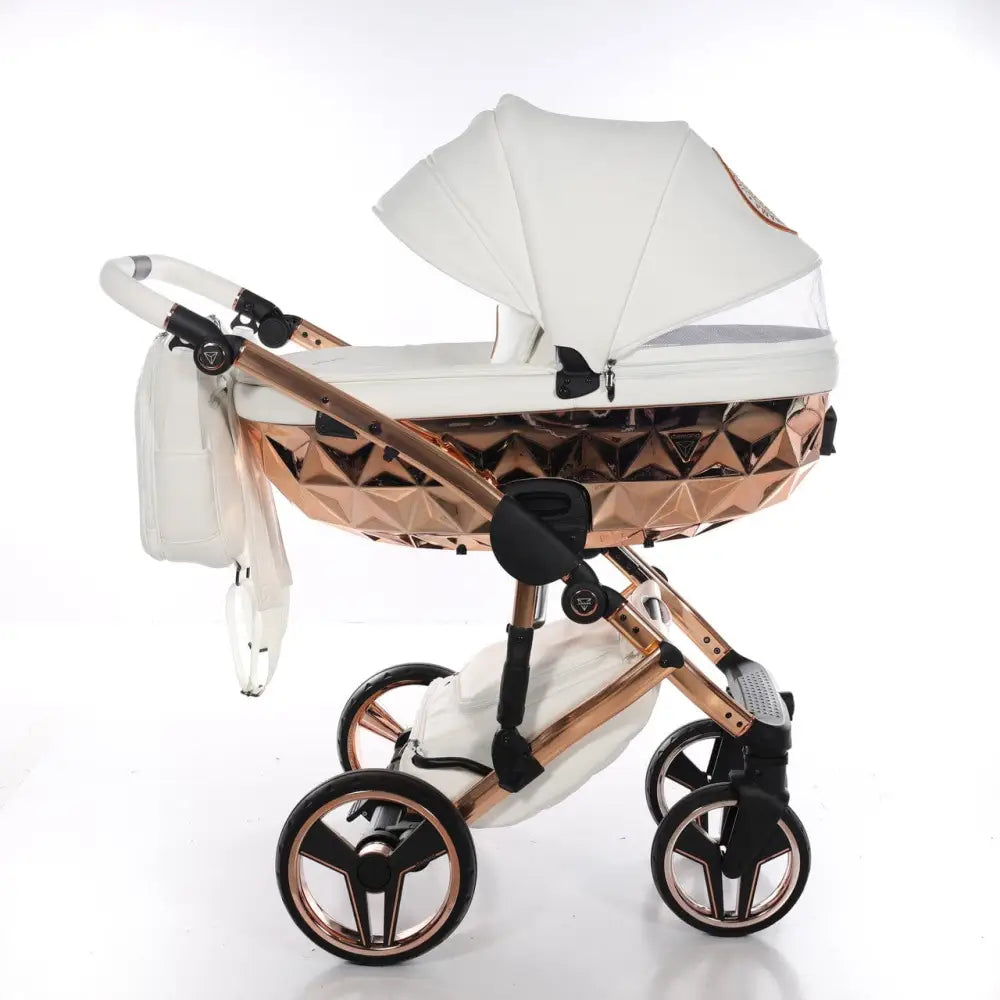Junama Handcraft Diamond Pram With Isofix Base – 4 in 1 Luxury White & Rose Gold Travel System Junama