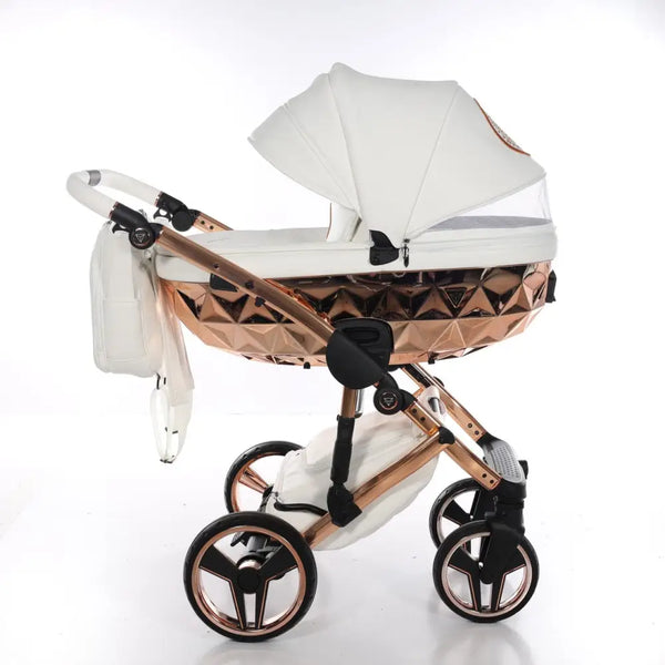 Junama Handcraft Diamond Pram With Isofix Base – 4 in 1 Luxury White & Rose Gold Travel System Junama