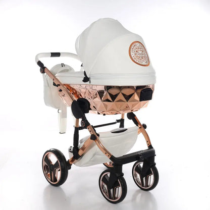Junama Handcraft Diamond Pram With Isofix Base – 4 in 1 Luxury White & Rose Gold Travel System Junama