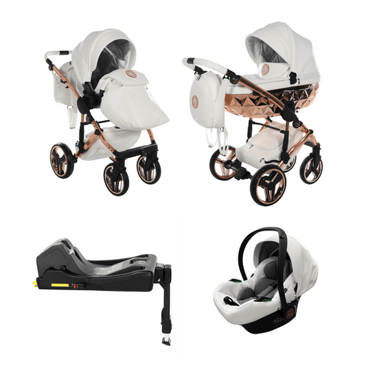 Junama Handcraft Diamond Pram With Isofix Base – 4 in 1 Luxury White & Rose Gold Travel System Junama