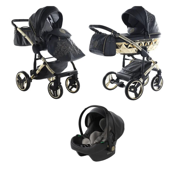 Junama Handcraft Enzo Black & Gold Pram – 3 in 1 Luxury Travel System Junama