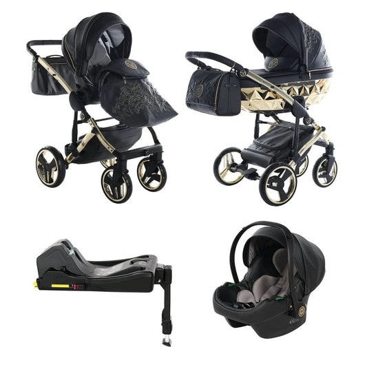 Junama Handcraft Enzo Black & Gold Pram With Isofix – 4 in 1 Luxury Travel System Junama