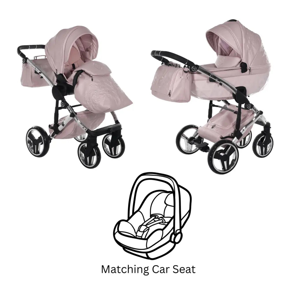 Junama Handcraft Enzo Pink Pram With Isofix Base – 4 in 1 Luxury Travel System Junama