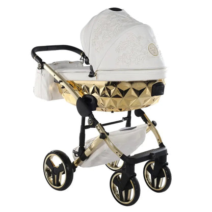 Junama Handcraft Enzo White & Gold Pram – 2 in 1 Luxury Travel System Junama