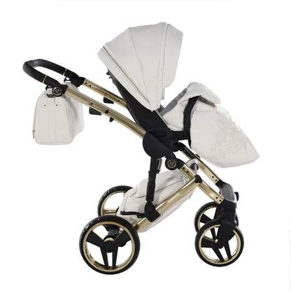 Junama Handcraft Enzo White & Gold Pram – 2 in 1 Luxury Travel System Junama