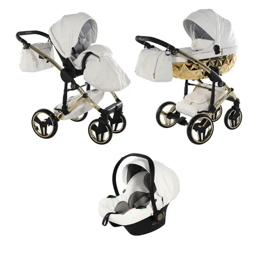 Junama Handcraft Enzo White & Gold Pram – 3 in 1 Luxury Travel System Junama