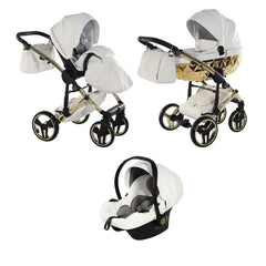 Junama Handcraft Enzo White & Gold Pram – 3 in 1 Luxury Travel System