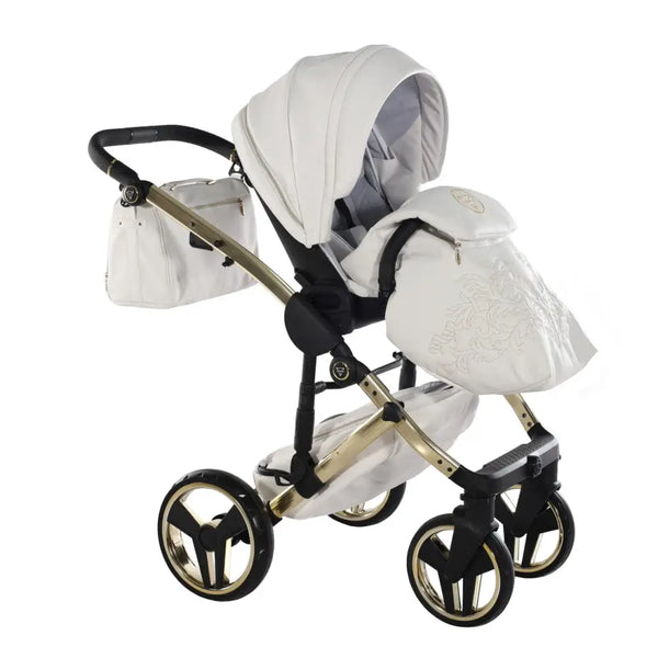 Junama Handcraft Enzo White & Gold Pram – 3 in 1 Luxury Travel System Junama