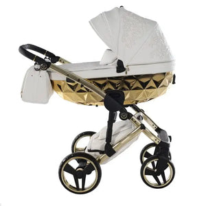 Junama Handcraft Enzo White & Gold Pram With Isofix Base – 4 in 1 Luxury Travel System Junama