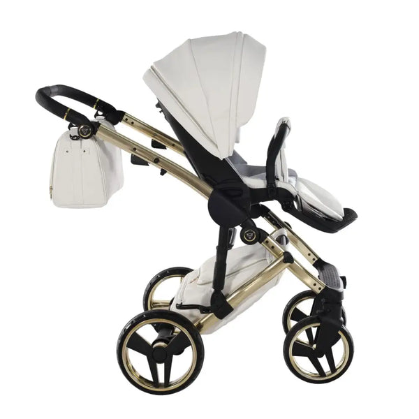 Junama Handcraft Enzo White & Gold Pram With Isofix Base – 4 in 1 Luxury Travel System Junama
