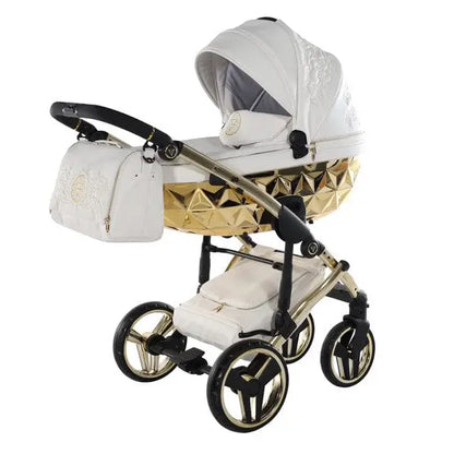Junama Handcraft Enzo White & Gold Pram With Isofix Base – 4 in 1 Luxury Travel System Junama