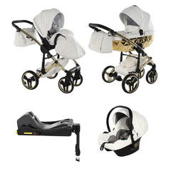 Junama Handcraft Enzo White & Gold Pram With Isofix Base – 4 in 1 Luxury Travel System Junama