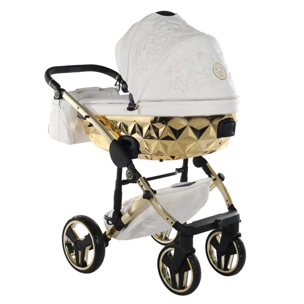 Junama Handcraft Enzo White & Gold Pram With Isofix Base – 4 in 1 Luxury Travel System Junama