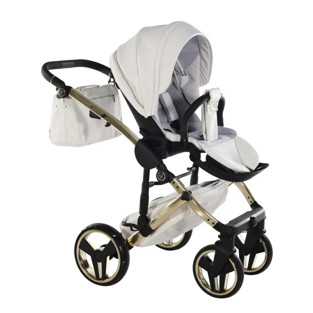 Junama Handcraft Enzo White & Gold Pram With Isofix Base – 4 in 1 Luxury Travel System Junama