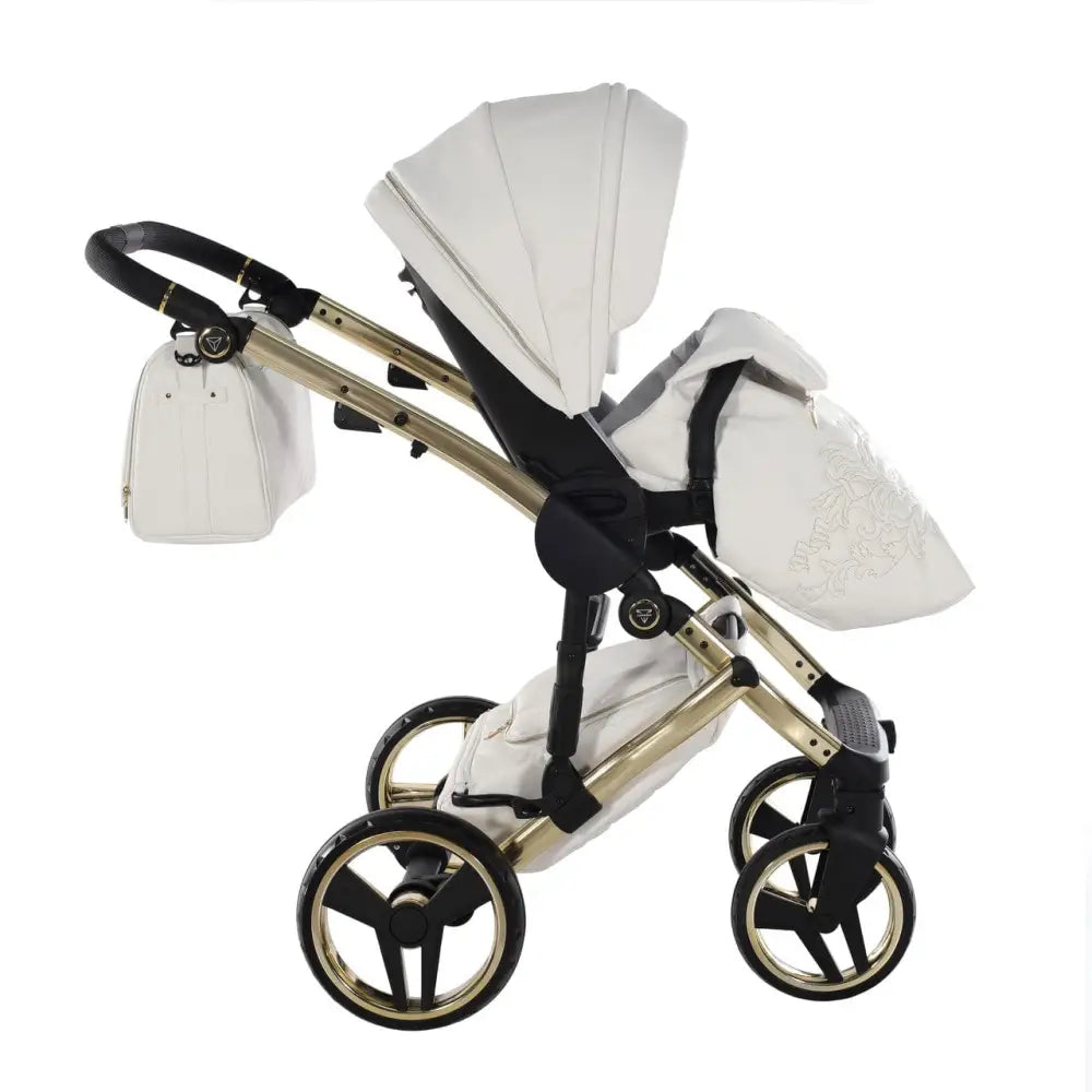 Junama Handcraft Enzo White & Gold Pram With Isofix Base – 4 in 1 Luxury Travel System Junama