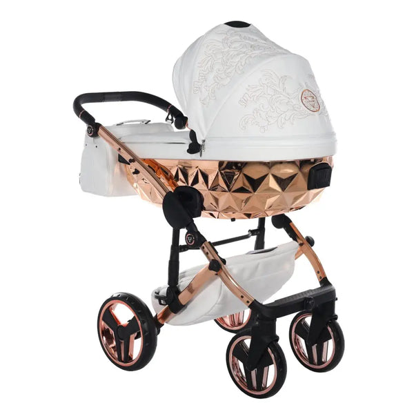 Junama Handcraft Enzo White & Rose Gold Pram – 2 in 1 Luxury Travel System Junama