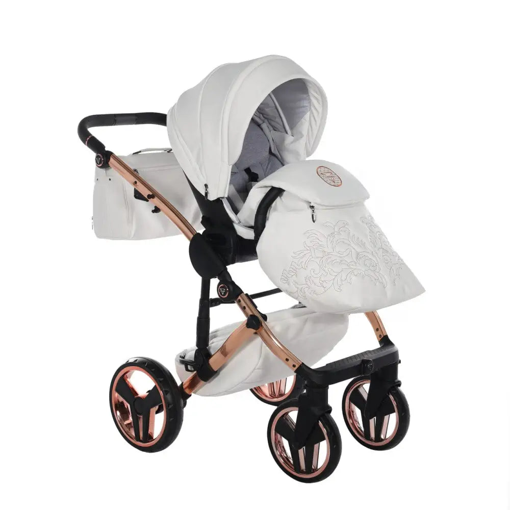 Junama Handcraft Enzo White & Rose Gold Pram – 3 in 1 Luxury Travel System Junama