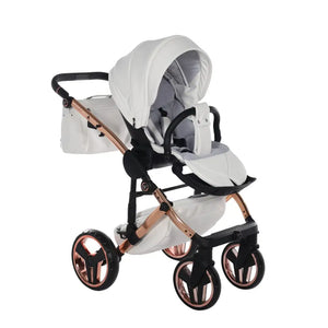 Junama Handcraft Enzo White & Rose Gold Pram With Isofix Base – 4 in 1 Luxury Travel System Junama