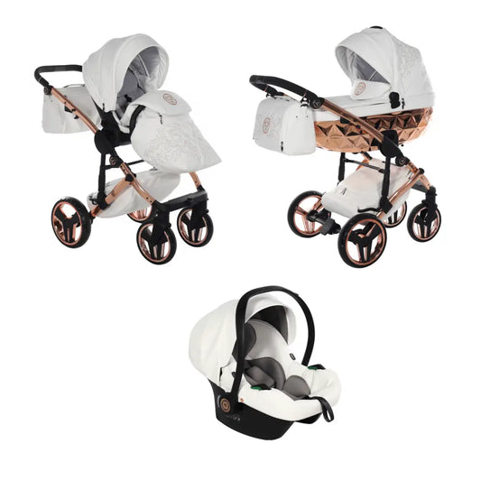 Junama Handcraft Enzo White & Rose Gold Pram With Isofix Base – 4 in 1 Luxury Travel System Junama