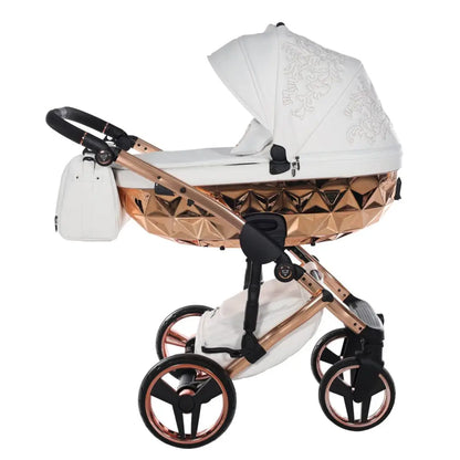 Junama Handcraft Enzo White & Rose Gold Pram With Isofix Base – 4 in 1 Luxury Travel System Junama