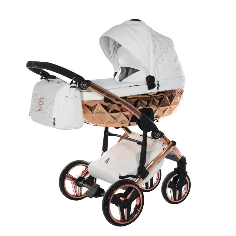 Junama Handcraft Enzo White & Rose Gold Pram With Isofix Base – 4 in 1 Luxury Travel System Junama