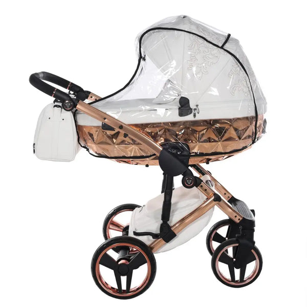 Junama Handcraft Enzo White & Rose Gold Pram With Isofix Base – 4 in 1 Luxury Travel System Junama