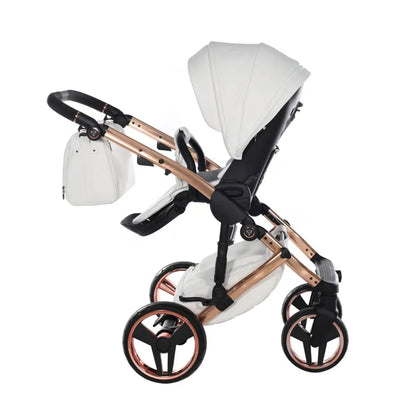 Junama Handcraft Enzo White & Rose Gold Pram With Isofix Base – 4 in 1 Luxury Travel System Junama