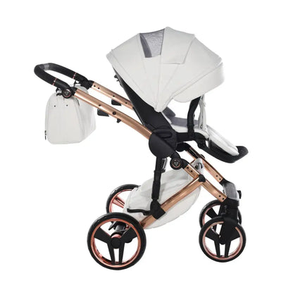 Junama Handcraft Enzo White & Rose Gold Pram With Isofix Base – 4 in 1 Luxury Travel System Junama
