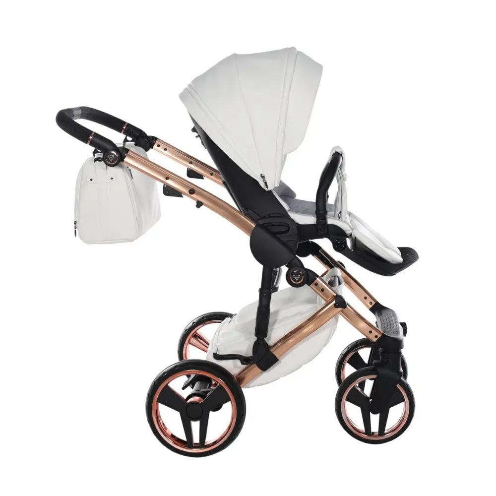 Junama Handcraft Enzo White & Rose Gold Pram With Isofix Base – 4 in 1 Luxury Travel System Junama