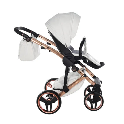 Junama Handcraft Enzo White & Rose Gold Pram With Isofix Base – 4 in 1 Luxury Travel System Junama