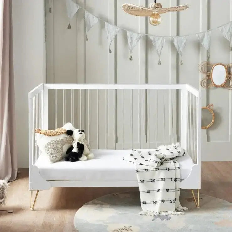 Kimi Acrylic Cot Bed in White and Gold 120cm x 60cm Babymore