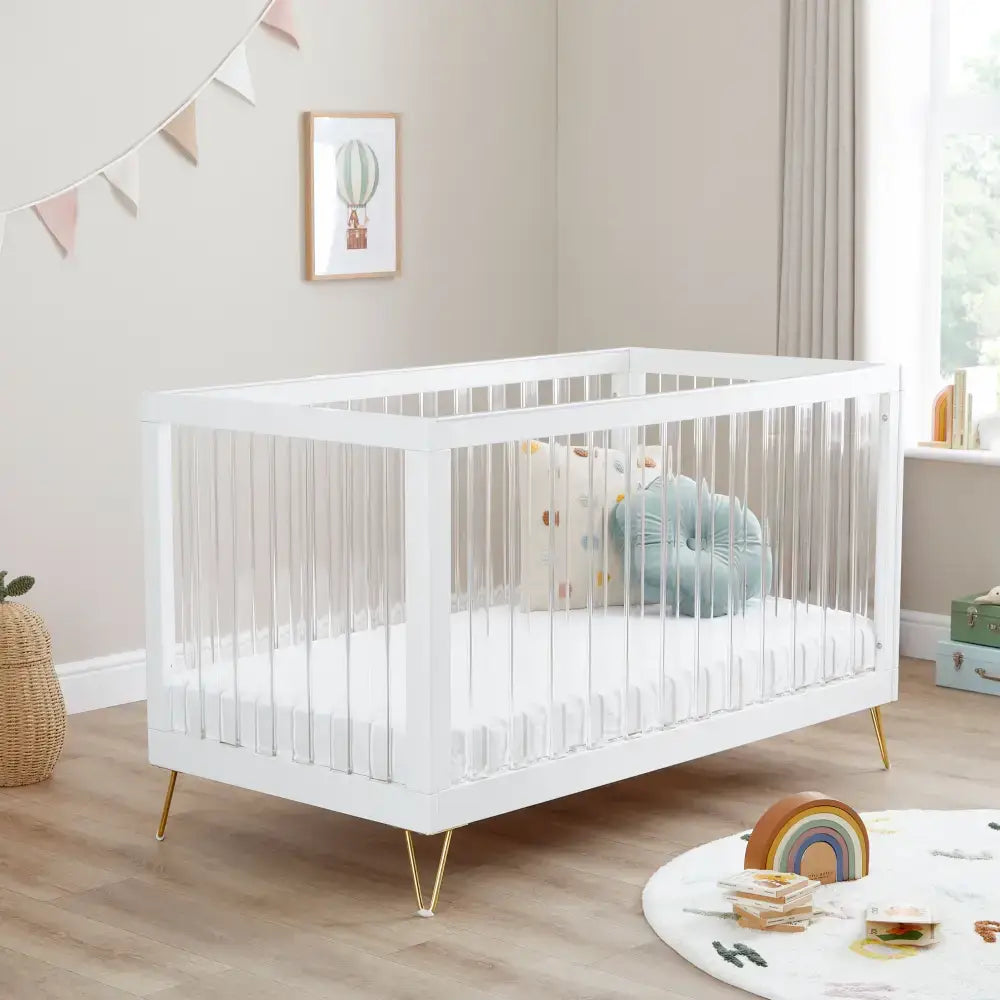Kimi Acrylic Cot Bed in White and Gold 140cm x 70cm Babymore