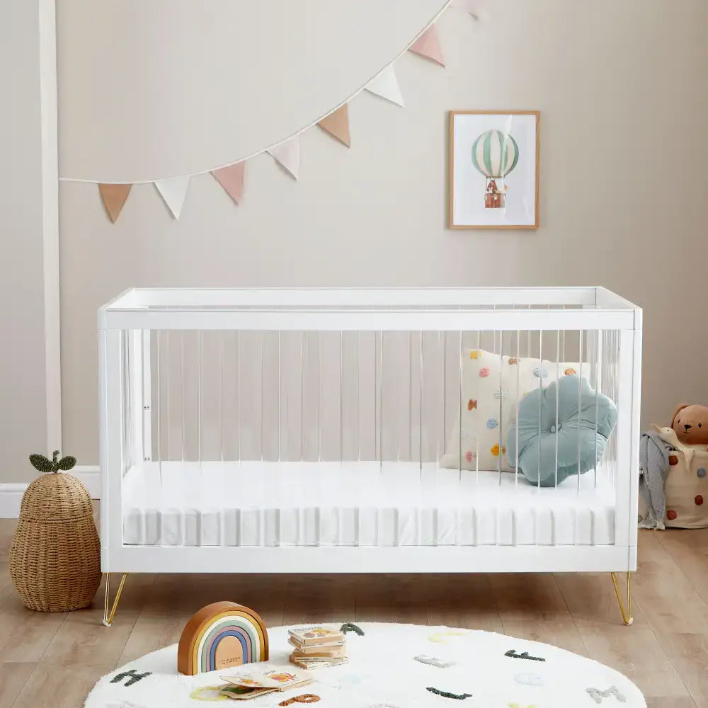 Kimi Acrylic Cot Bed in White and Gold 140cm x 70cm Babymore