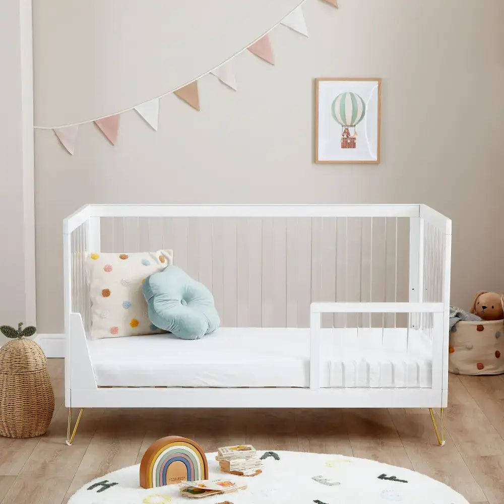 Kimi Acrylic Cot Bed in White and Gold 140cm x 70cm Babymore