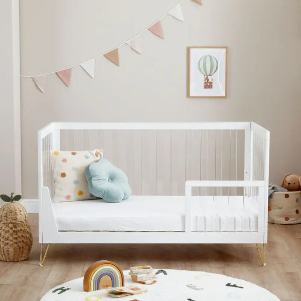 Kimi Acrylic Cot Bed in White and Gold 140cm x 70cm Babymore