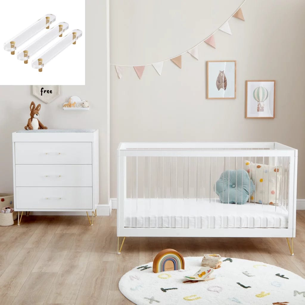 Kimi Acrylic XL 2 Piece Nursery Furniture in White and Gold Babymore