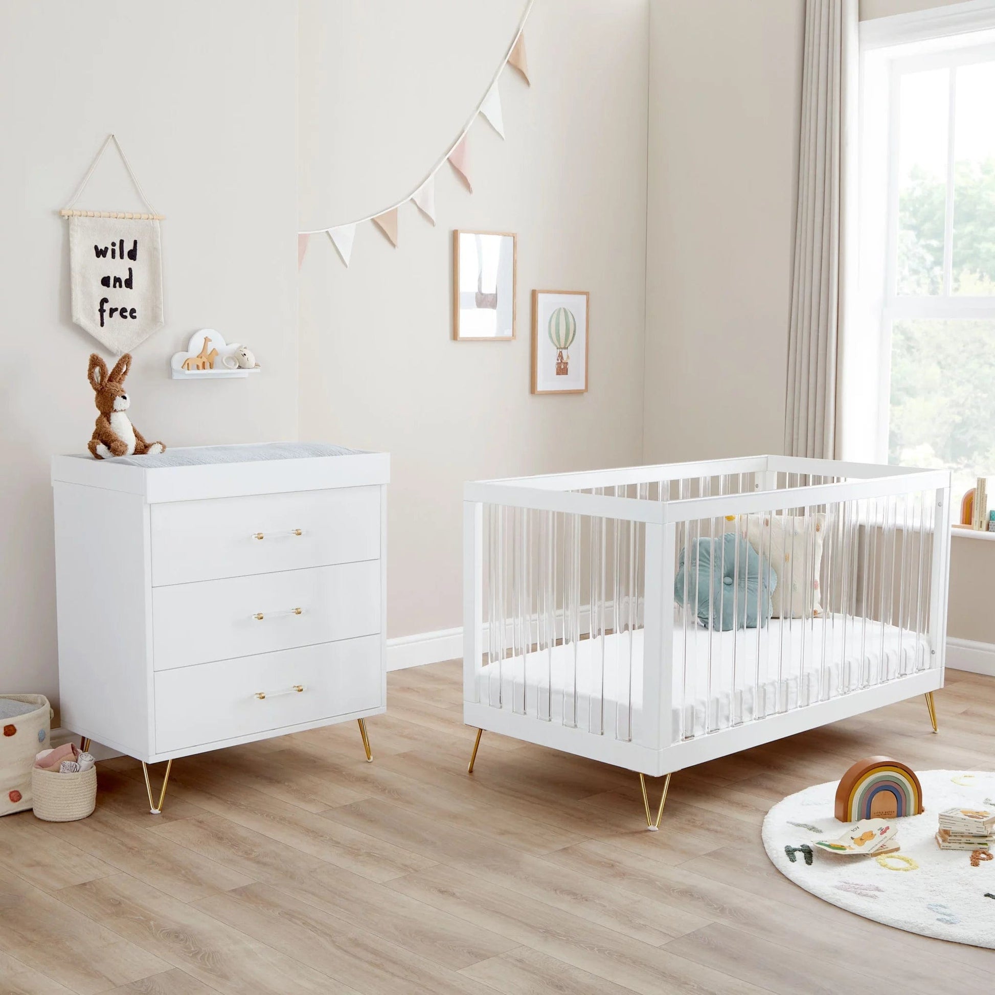 Kimi Acrylic XL 2 Piece Nursery Furniture in White and Gold Babymore