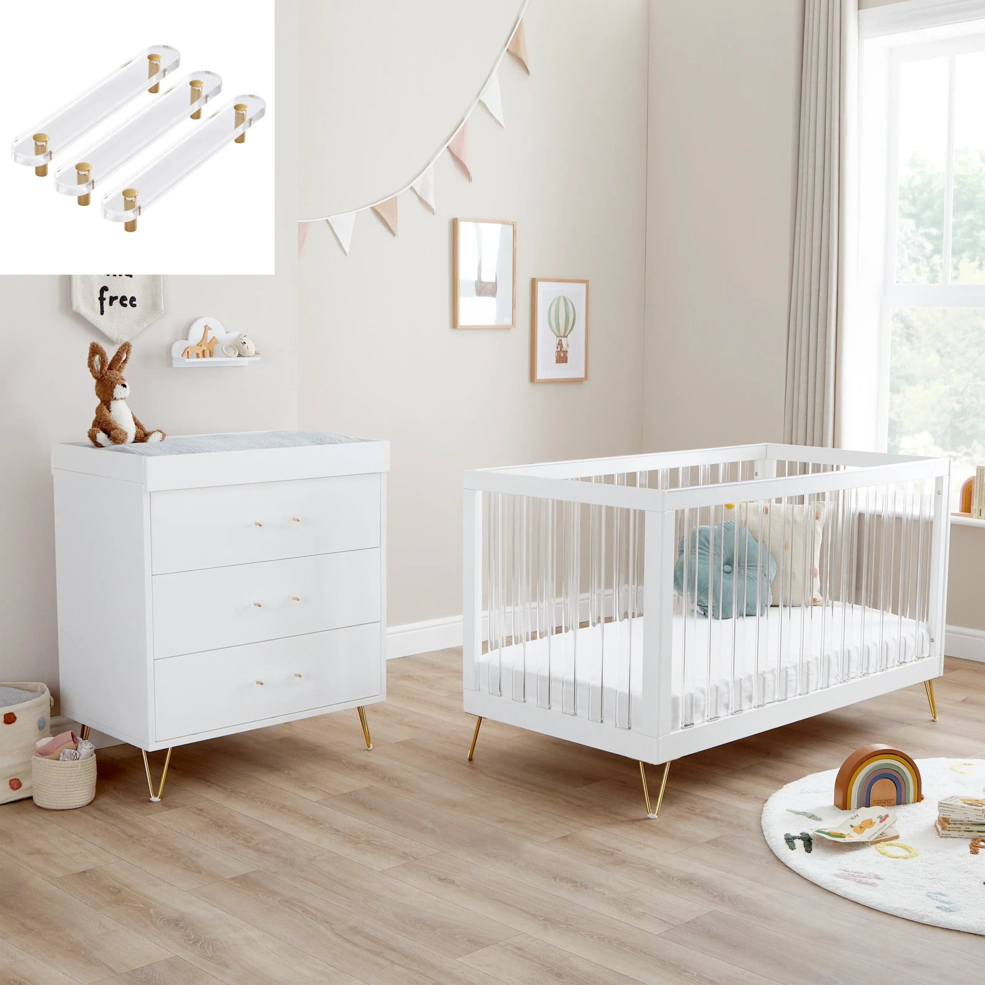 Kimi Acrylic XL 2 Piece Nursery Furniture in White and Gold Babymore