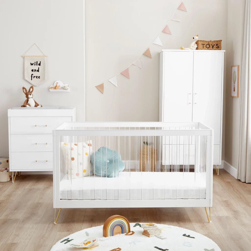 Kimi Acrylic XL 3 Piece Nursery Furniture in White and Gold Babymore