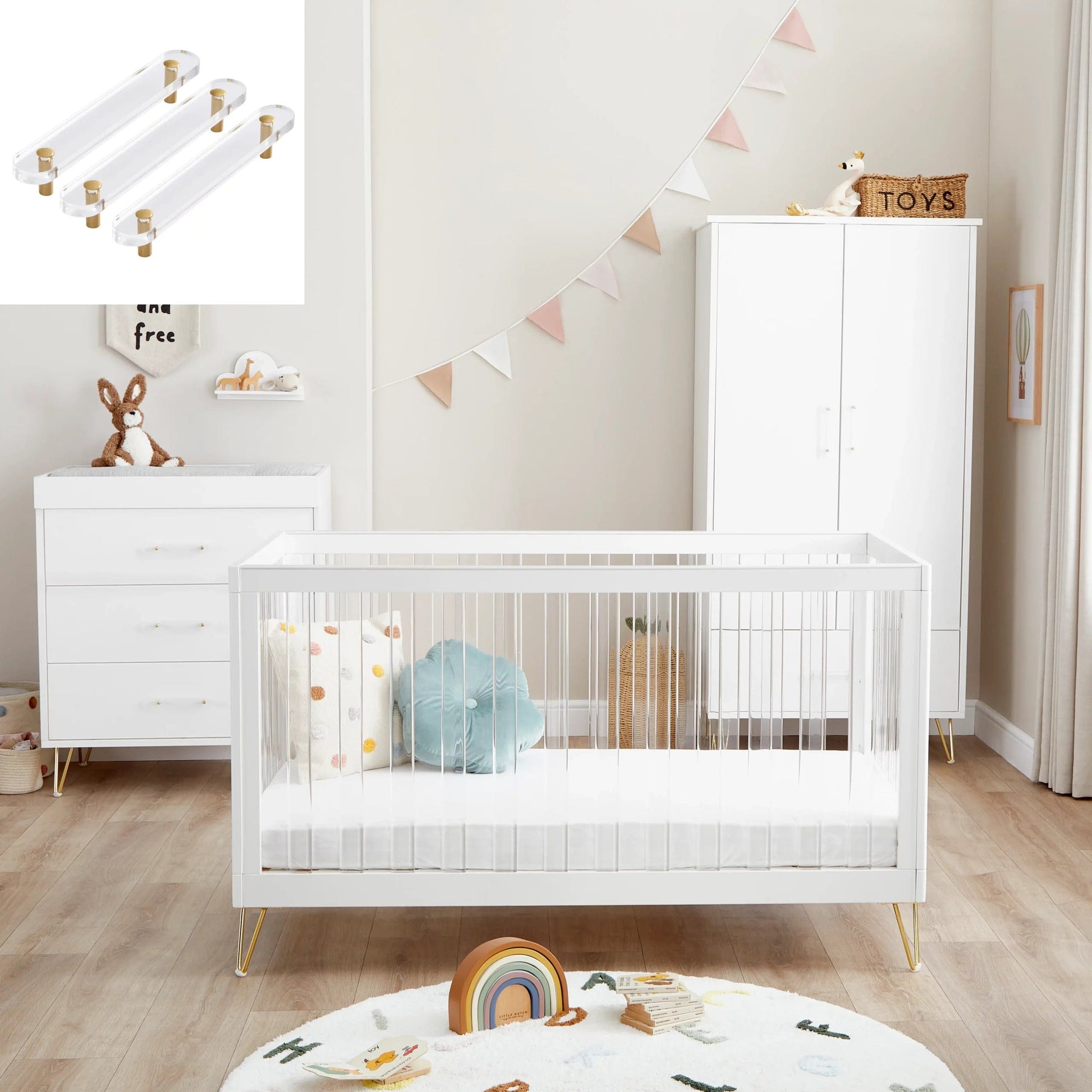 Kimi Acrylic XL 3 Piece Nursery Furniture in White and Gold Babymore